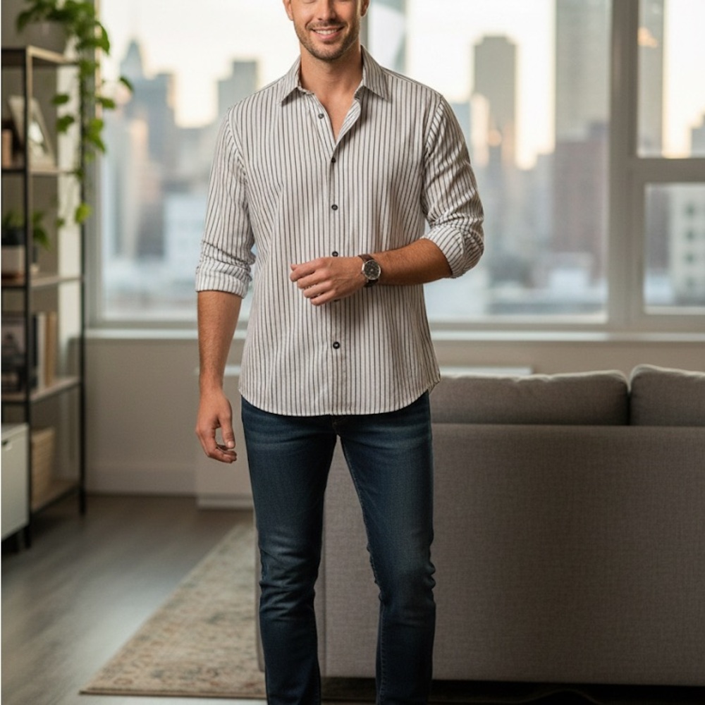 Alfani Black and Tan Striped Casual Shirt